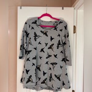 Gray Bird-Print Scoop Neck Women's Sweater